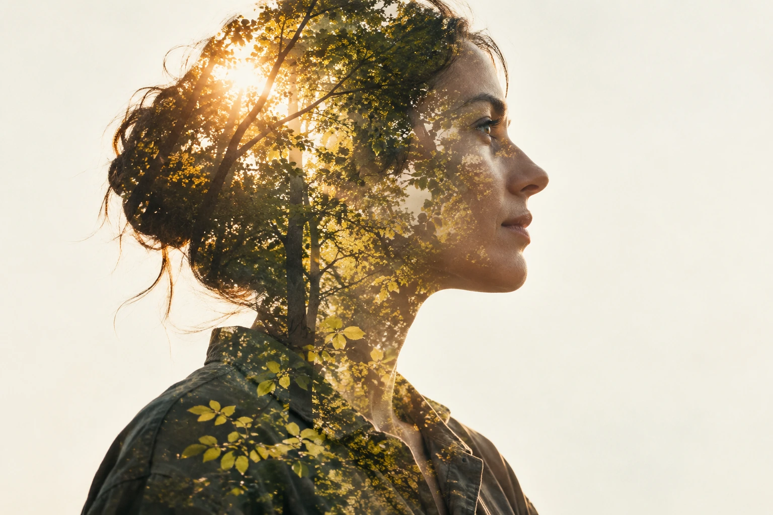 Generated double-exposure illustration of an adult woman in profile with sunlit forest leaves layered across her face and shoulders.