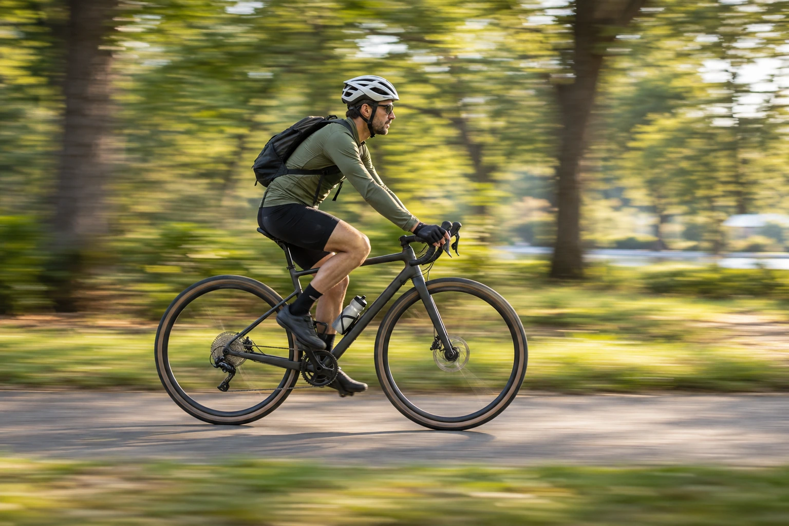 Generated panning illustration of a helmeted cyclist on a park path against horizontally streaked trees.