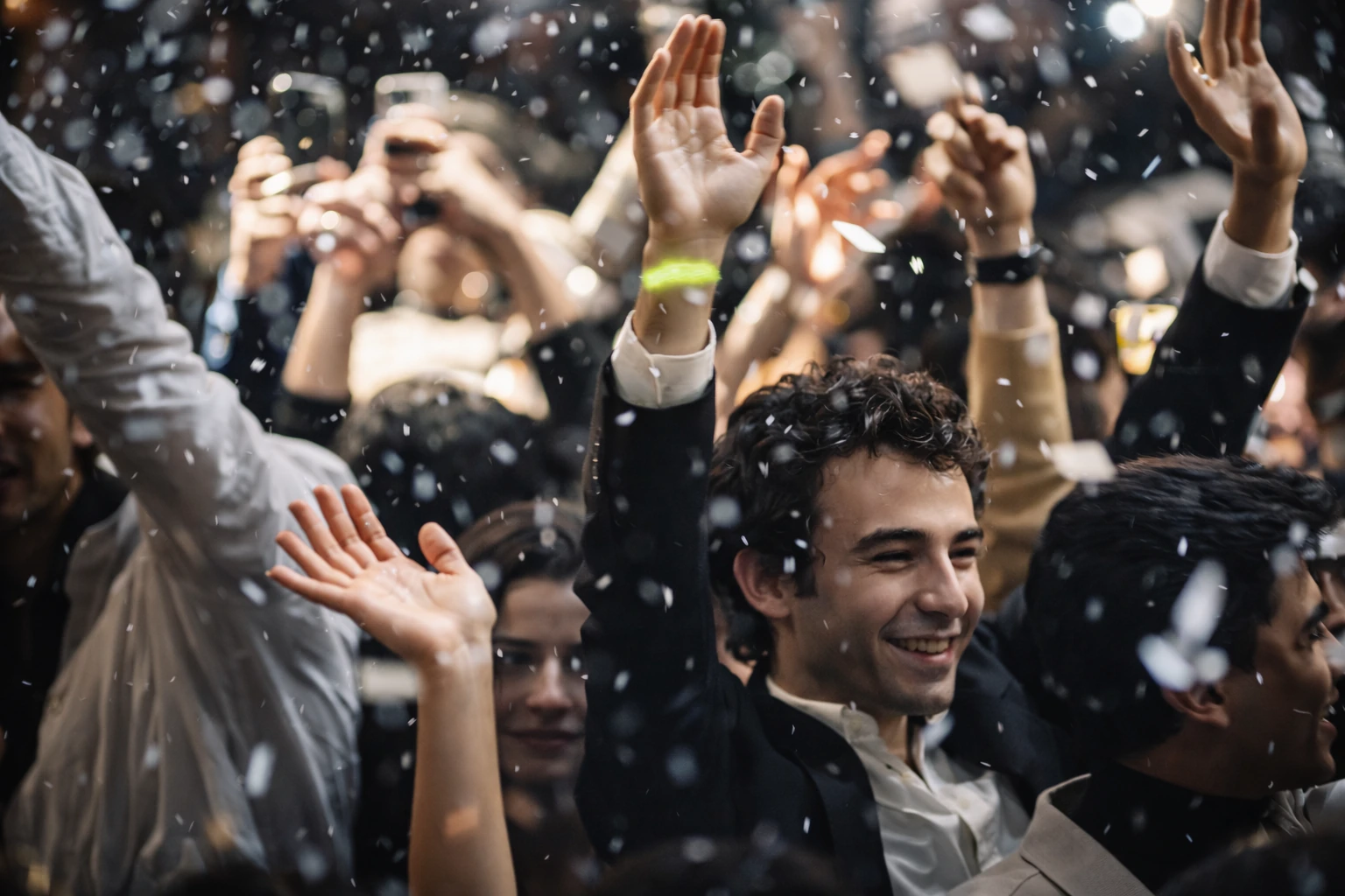 A smiling crowd in formal clothing raises hands beneath falling white confetti.