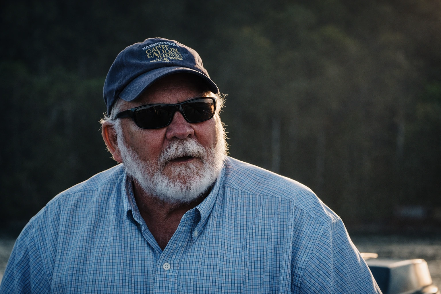 An older bearded man in sunglasses, a dark cap and a blue checked shirt, photographed outdoors.