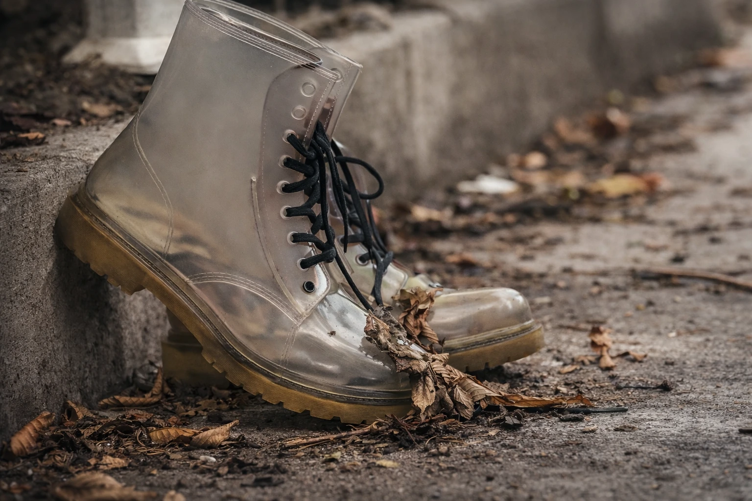 Translucent lace-up boots stand beside a curb scattered with dry leaves.