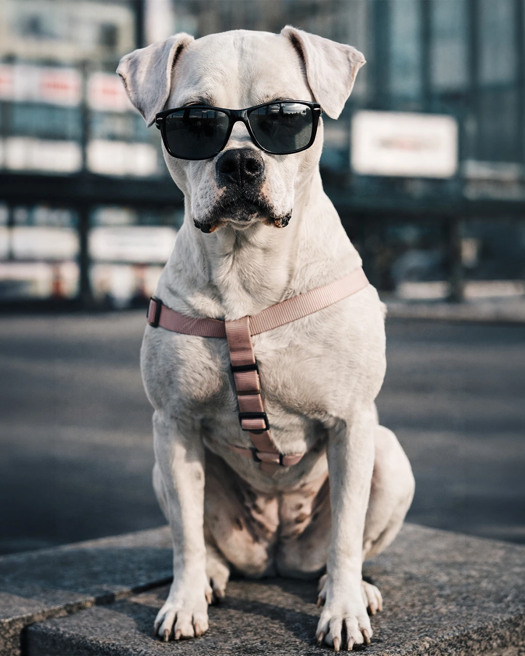 A white dog wearing dark sunglasses and a pink harness sits outdoors.