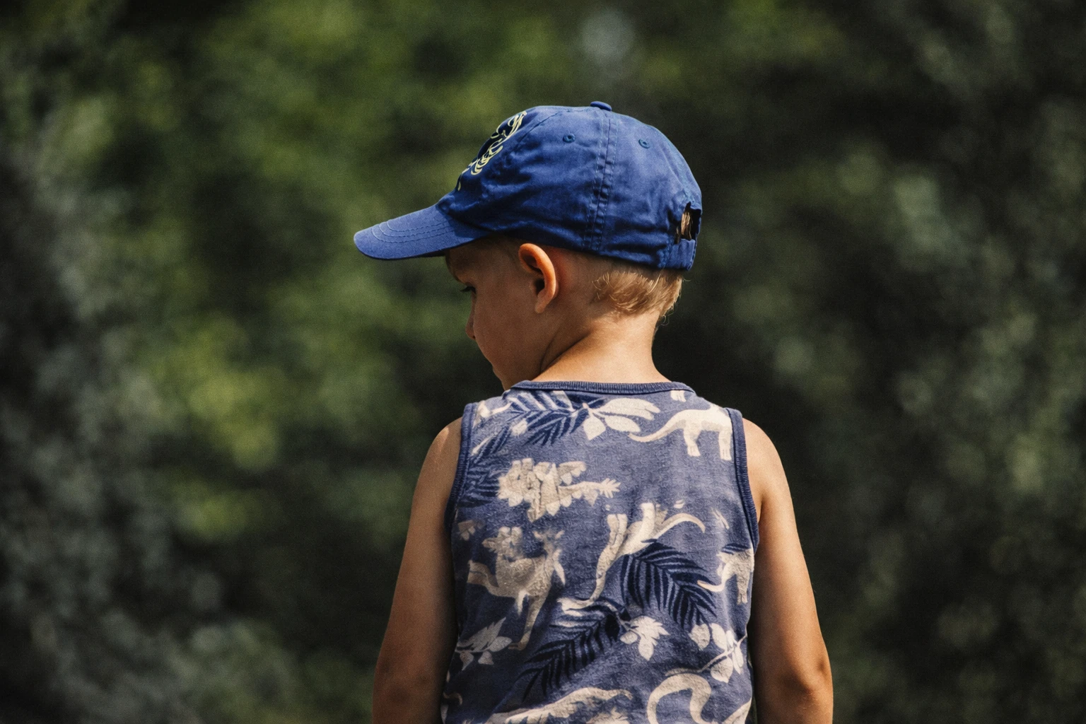 A child in a blue cap and dinosaur-print top is seen from behind against soft green foliage.
