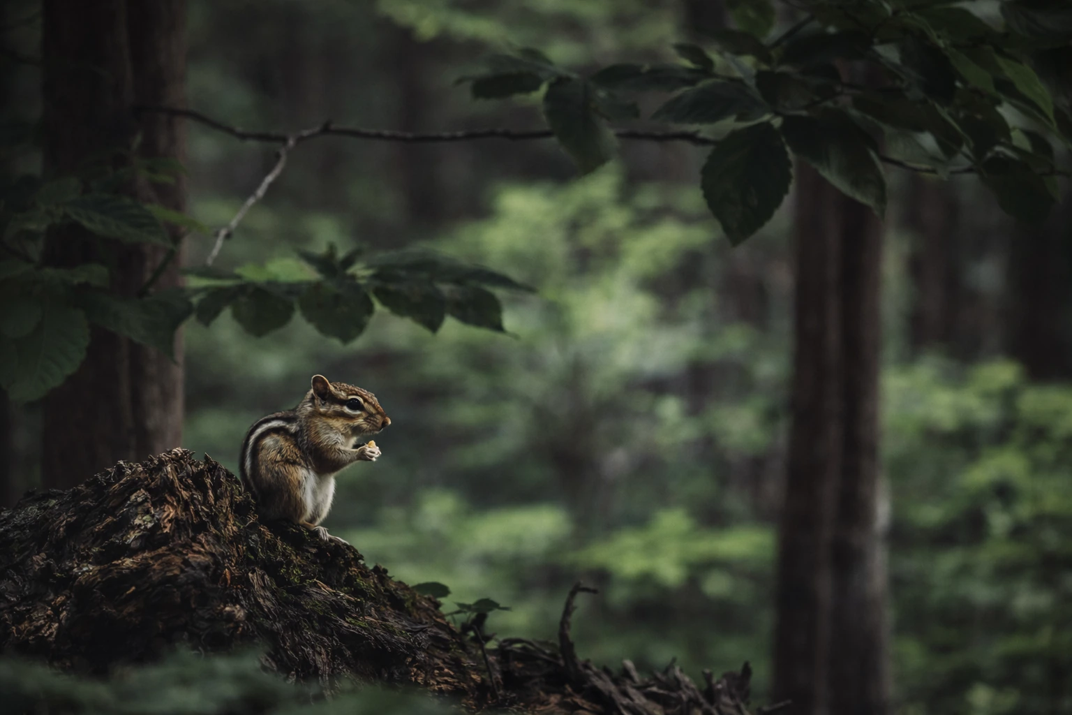 A small striped woodland animal sits on a mossy log surrounded by green forest.
