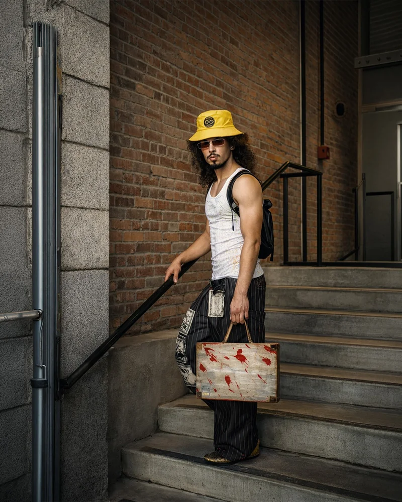 Una persona con un cappello da pescatore giallo, una maglia bianca senza maniche e pantaloni a zampa a fantasia è in piedi su gradini rivestiti di mattoni, con una borsa chiara dai motivi rossi.