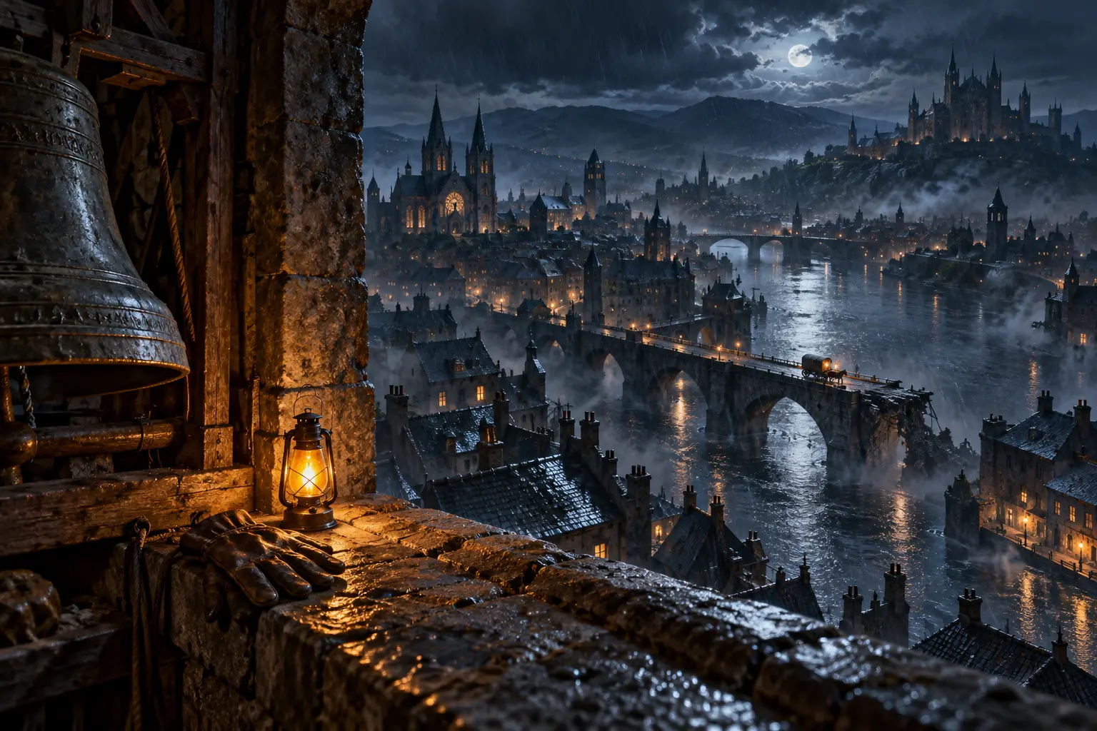 A small oil lamp on a bell-house sill lights a rainy bridge and a distant cart.