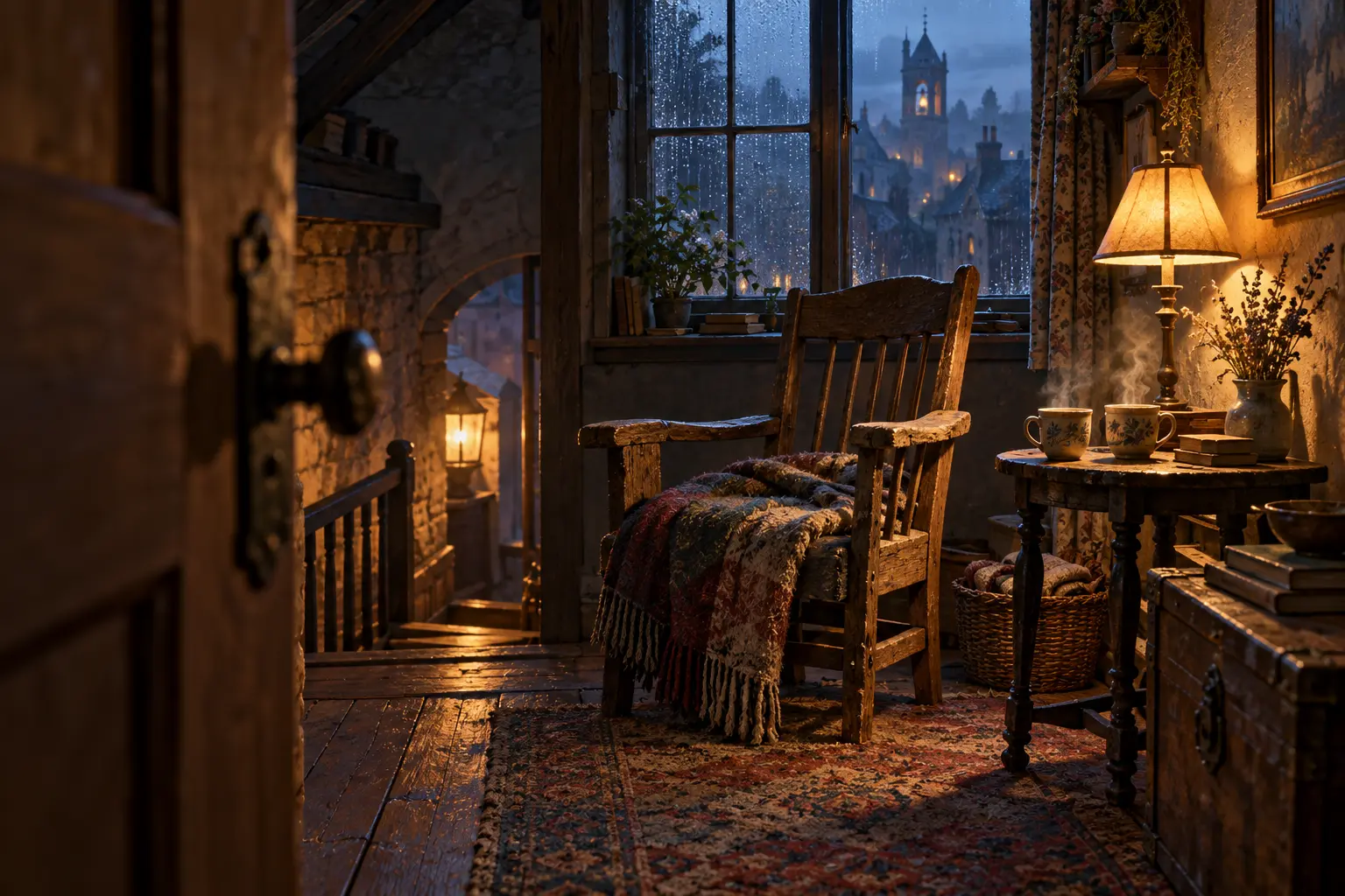 An uneven wooden armchair, wool blanket and steaming tea in a quiet room above the back stair.