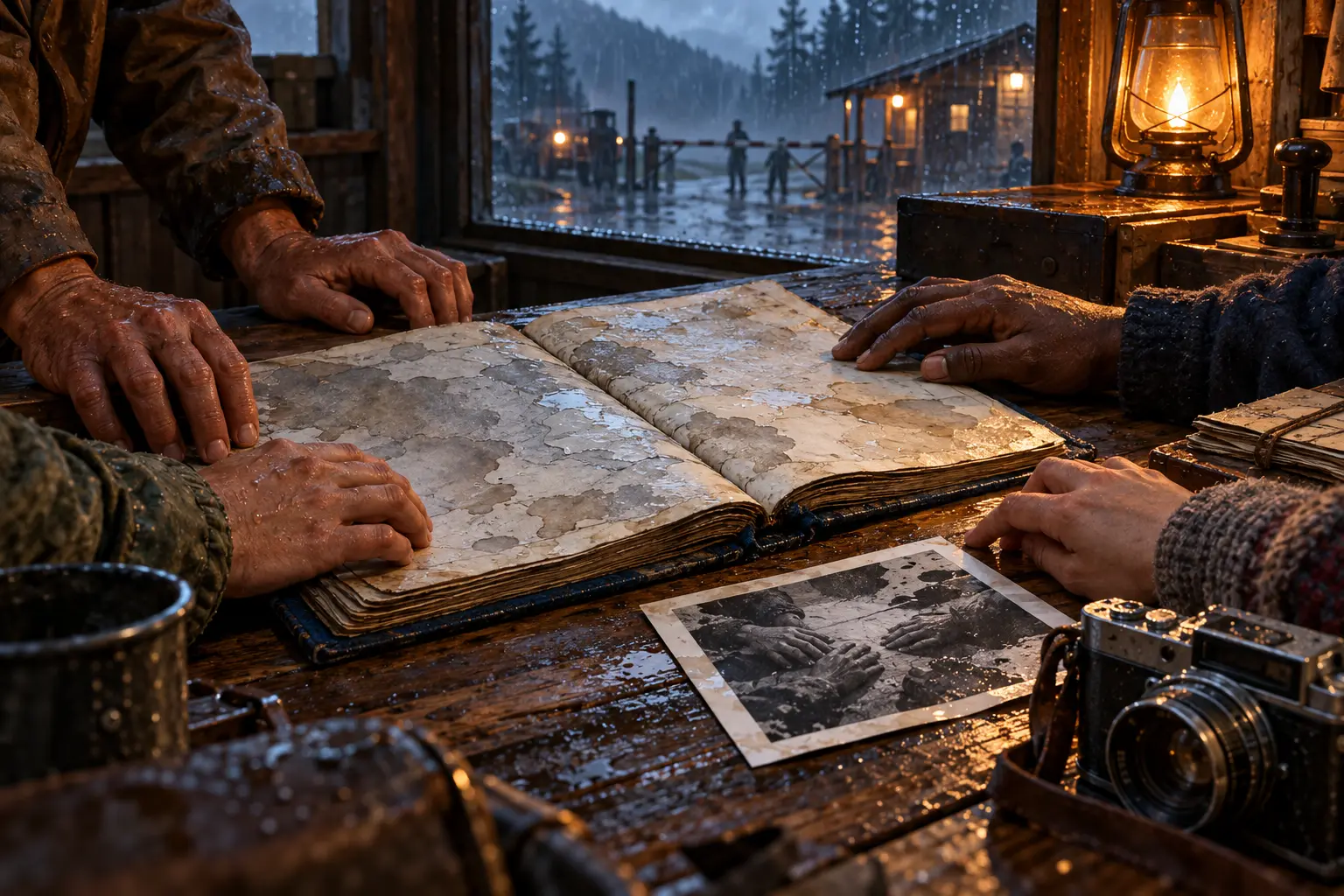 Workers gather their hands around Abel’s rain-damaged ledger on a gate-office counter.