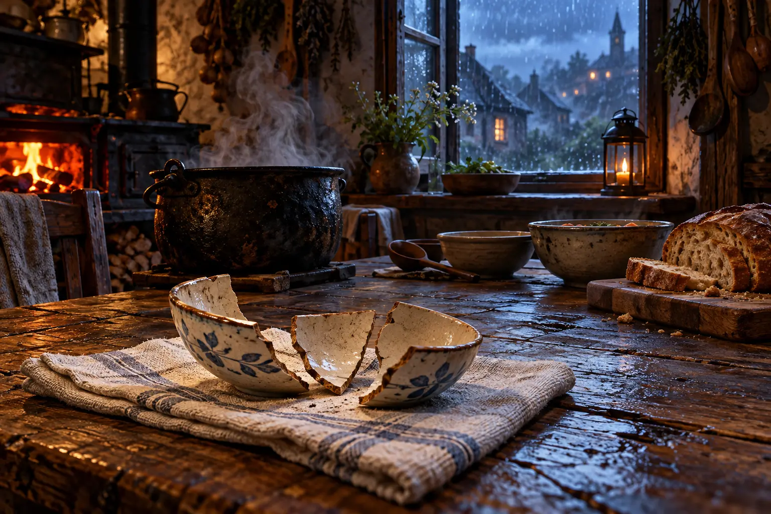 Three pieces of Bethany’s broken bowl rest on a towel beside a warm communal kitchen.
