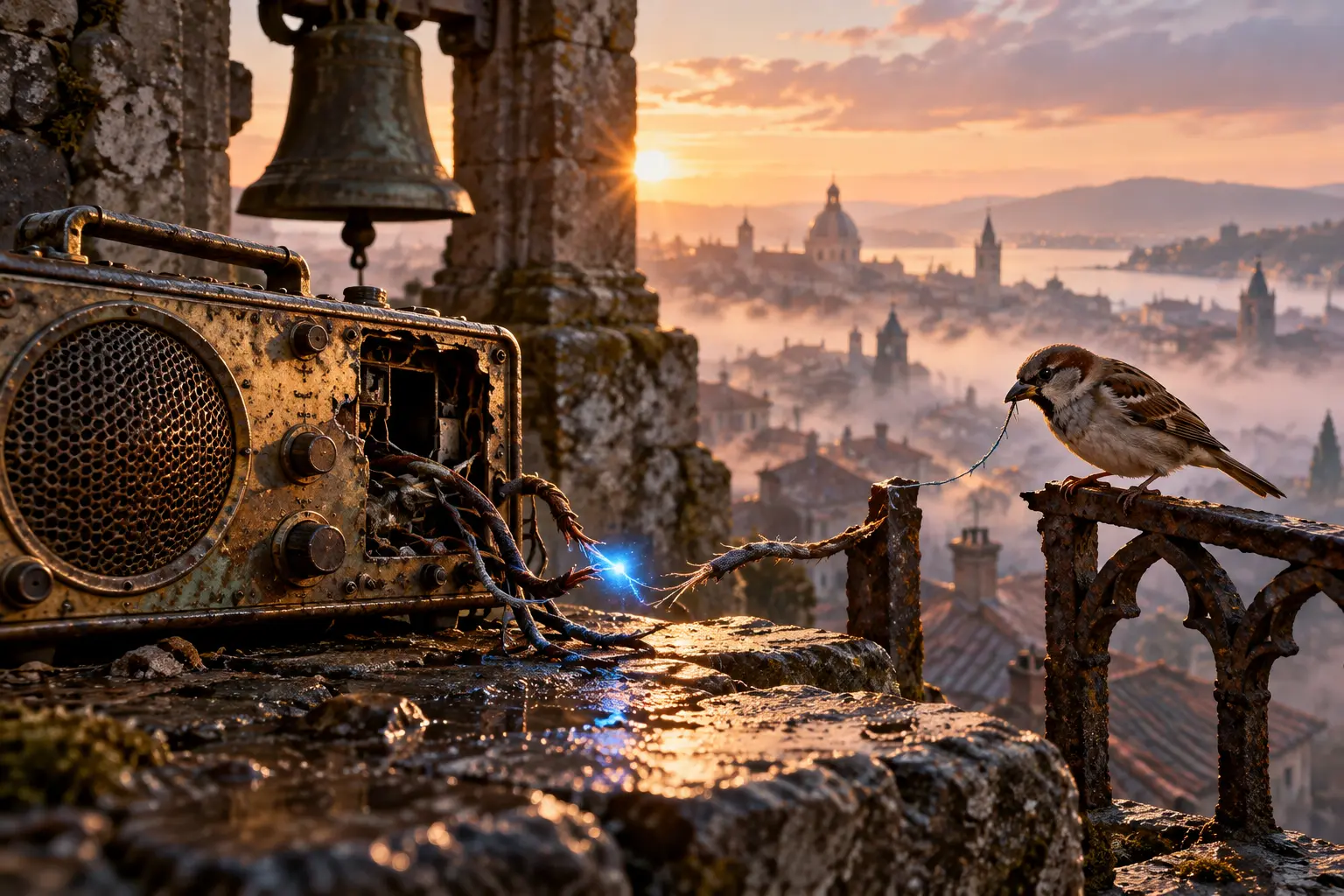 Spark’s blue light glows inside a brass receiver as a bird steals a thread on the bell-house roof at sunrise.