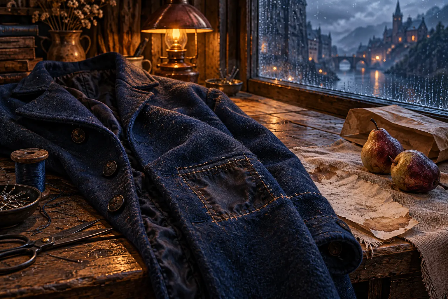 Amélie’s blue coat, a fragile saved list and ripe pears lie on a tailor’s table.