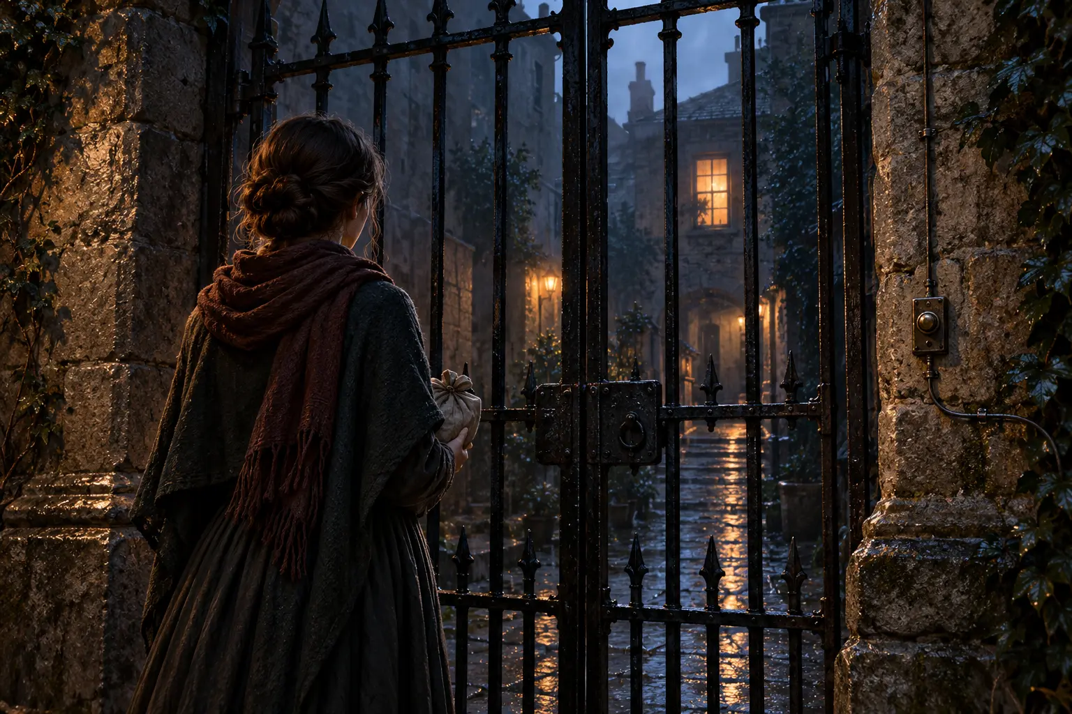 A woman holding medicine waits outside a locked iron gate, looking toward her lit room.