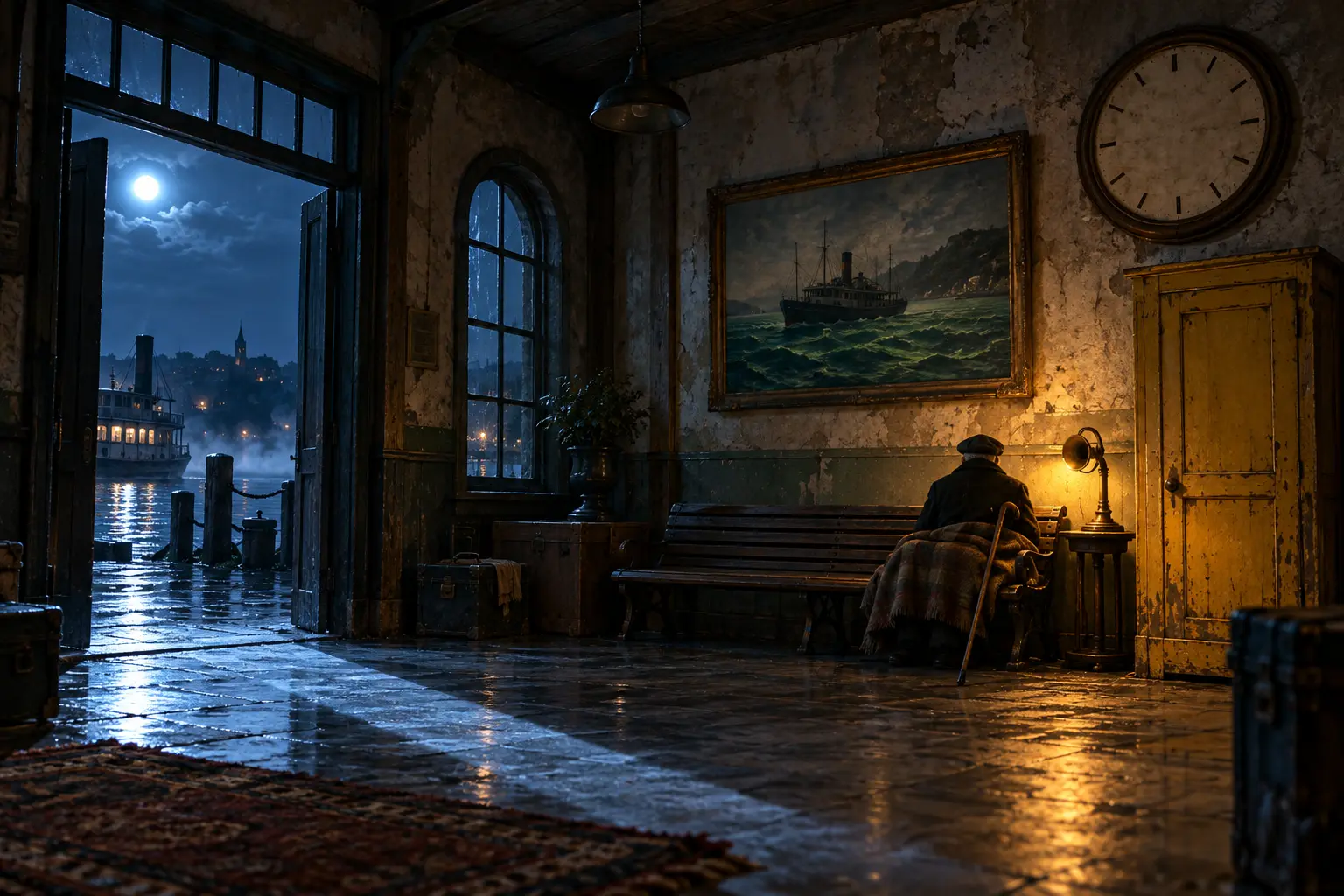A lost traveler waits beside a yellow cupboard door, a handless clock and ship painting in the old station.