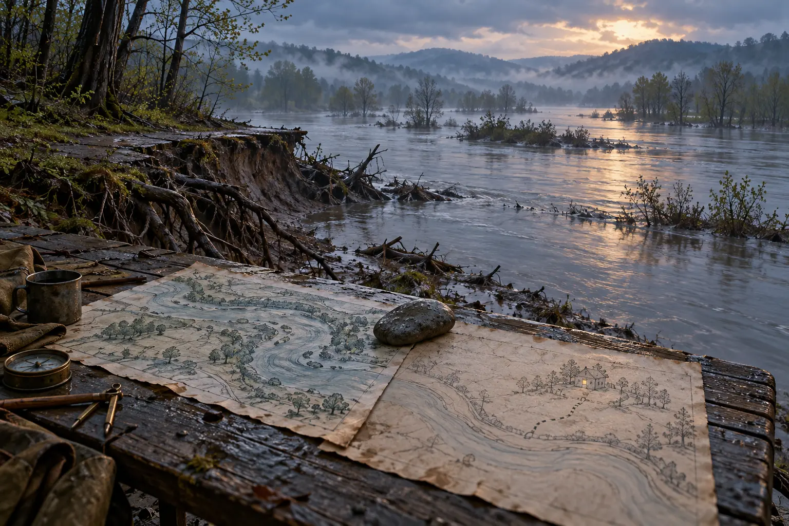 Two maps held by a river stone face the flooded bend where Rachel’s childhood home once stood.