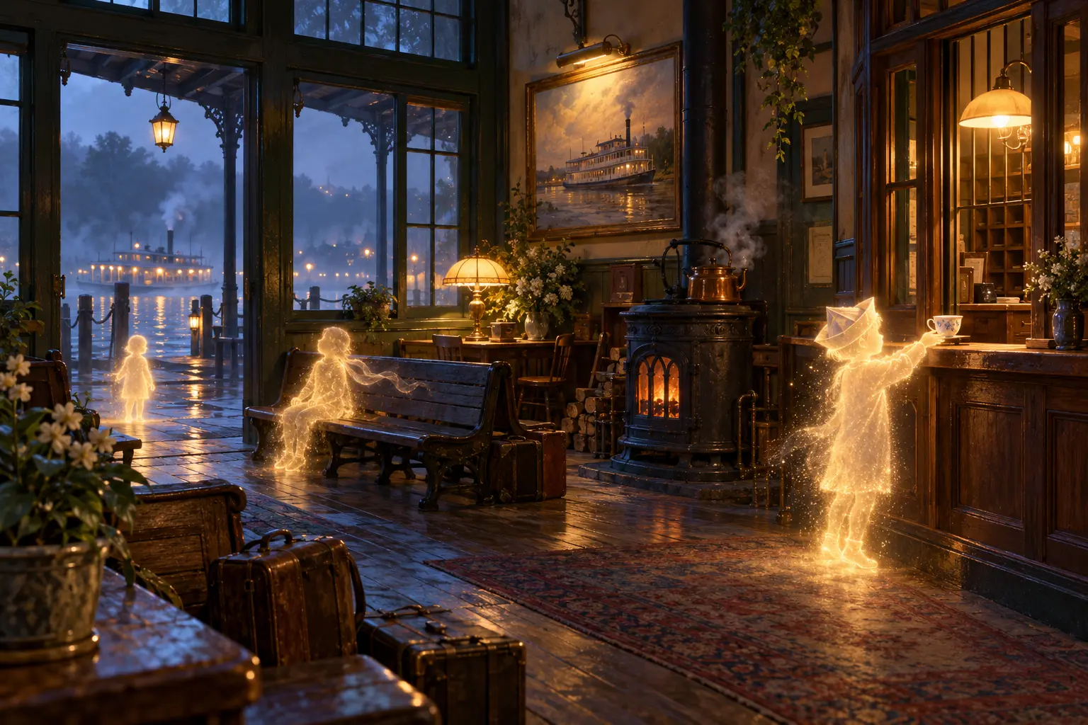 Gentle Ghosties offer impossible tea in the warm, saved station waiting room.