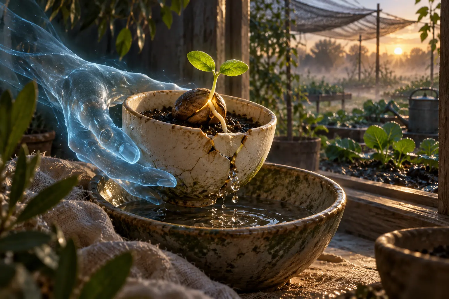 A faintly glowing seed sprouts in a cracked cup nested safely inside a larger bowl.