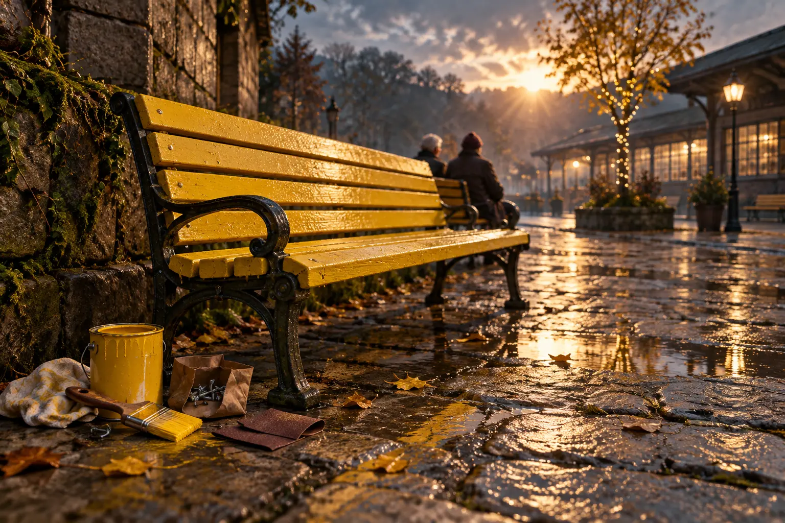 A freshly painted yellow bench brings a bright place to sit in Blueberry’s quiet square.