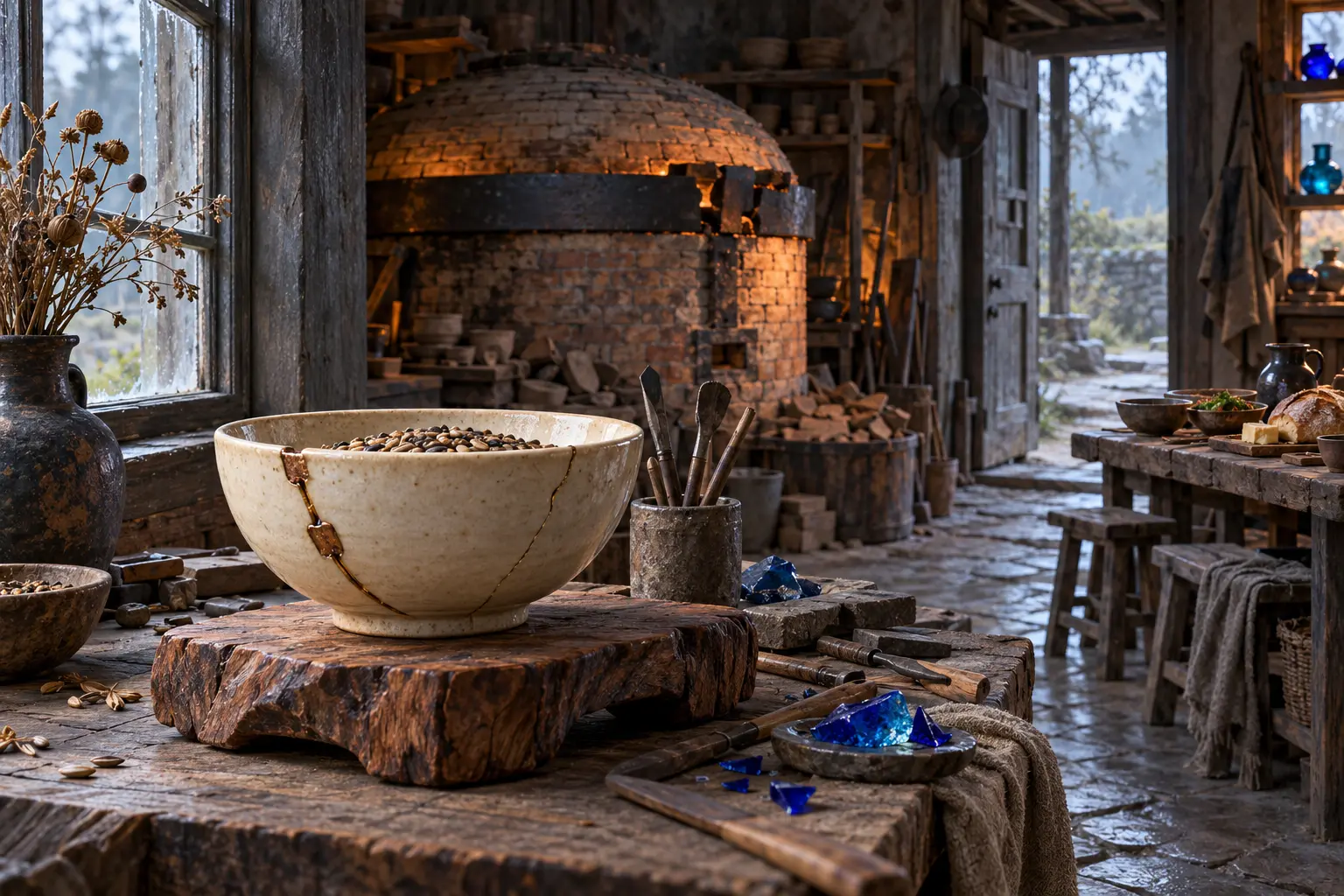 G.E.M’s imperfectly repaired bowl holds seeds beside a cold kiln and scattered signal glass.