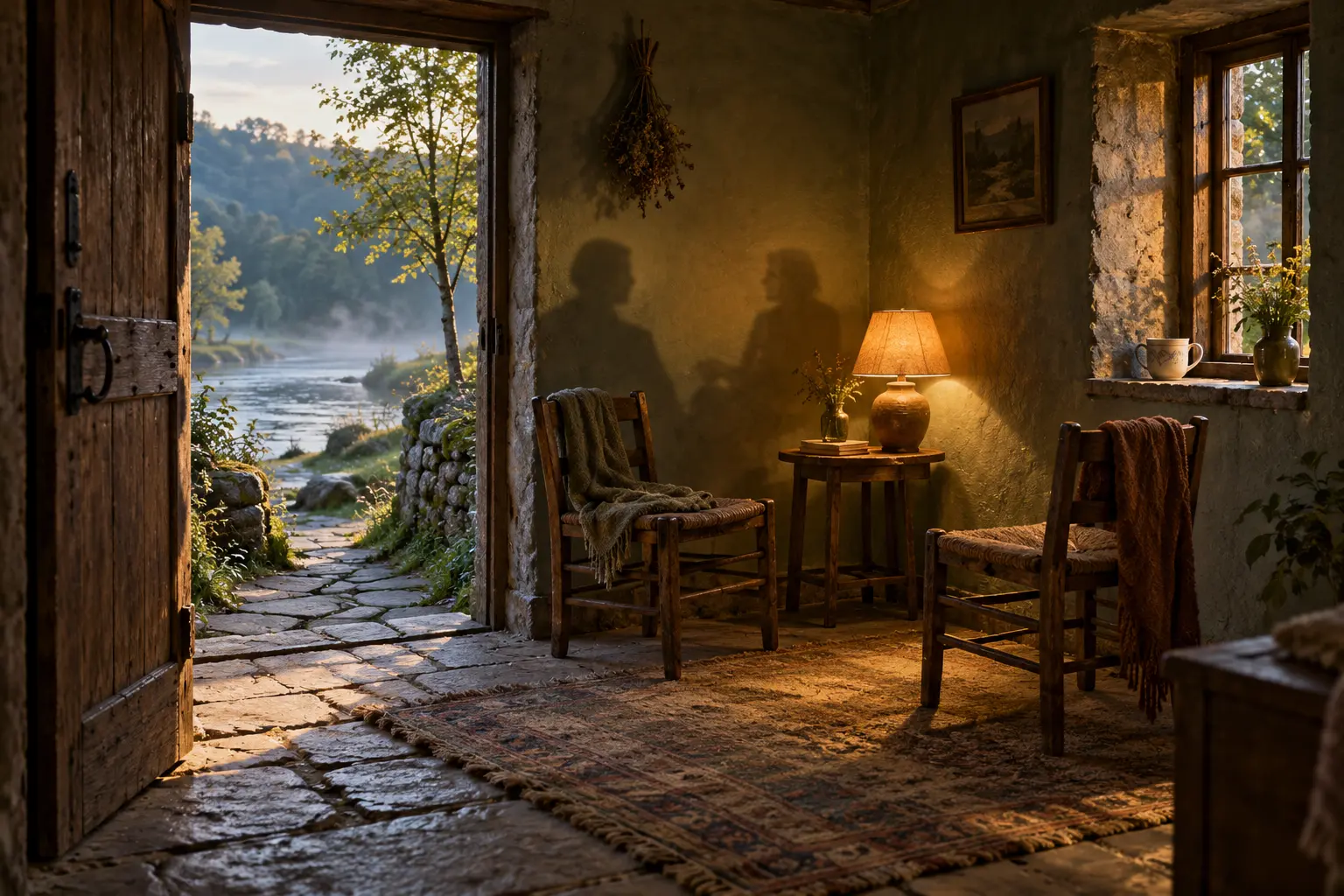 Two chairs and a softly shaded lamp wait inside Solace’s quiet room, its door left open.