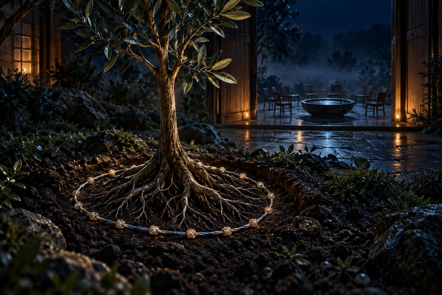 A silver cord of knots appears around the young tree’s roots while empty chairs circle a bowl of water.