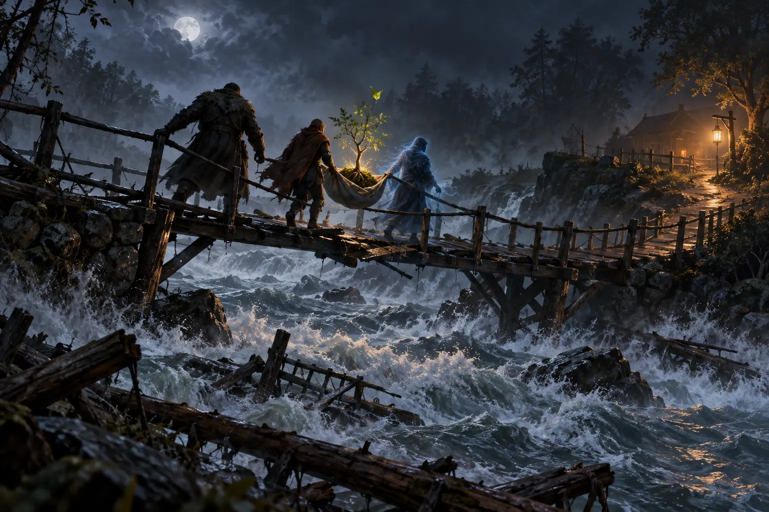 Travelers carry the young tree in a cloth sling across a bending footbridge above floodwater.