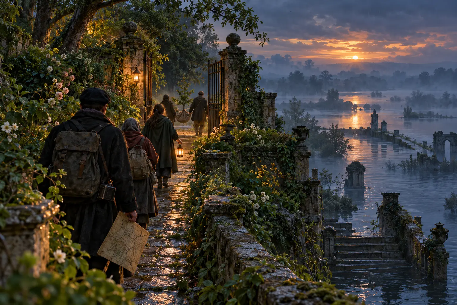 The travelers follow a longer garden path west after the flood has broken the lower steps.