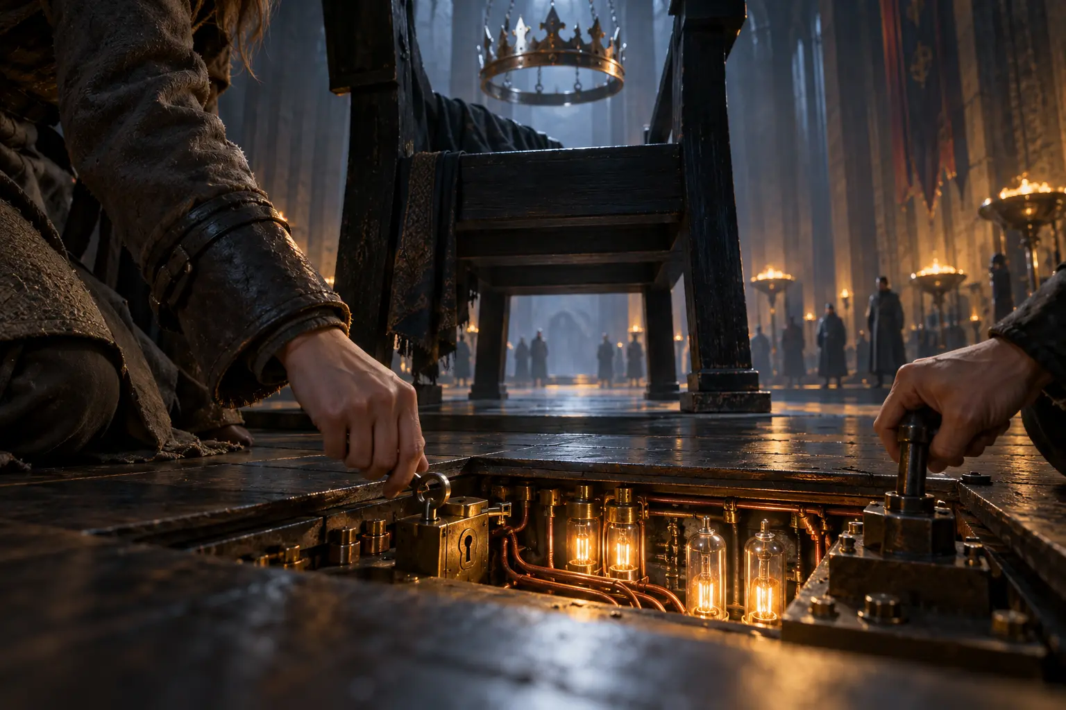A small terminal of glass and wires is exposed beneath the high hall’s black wooden chair.