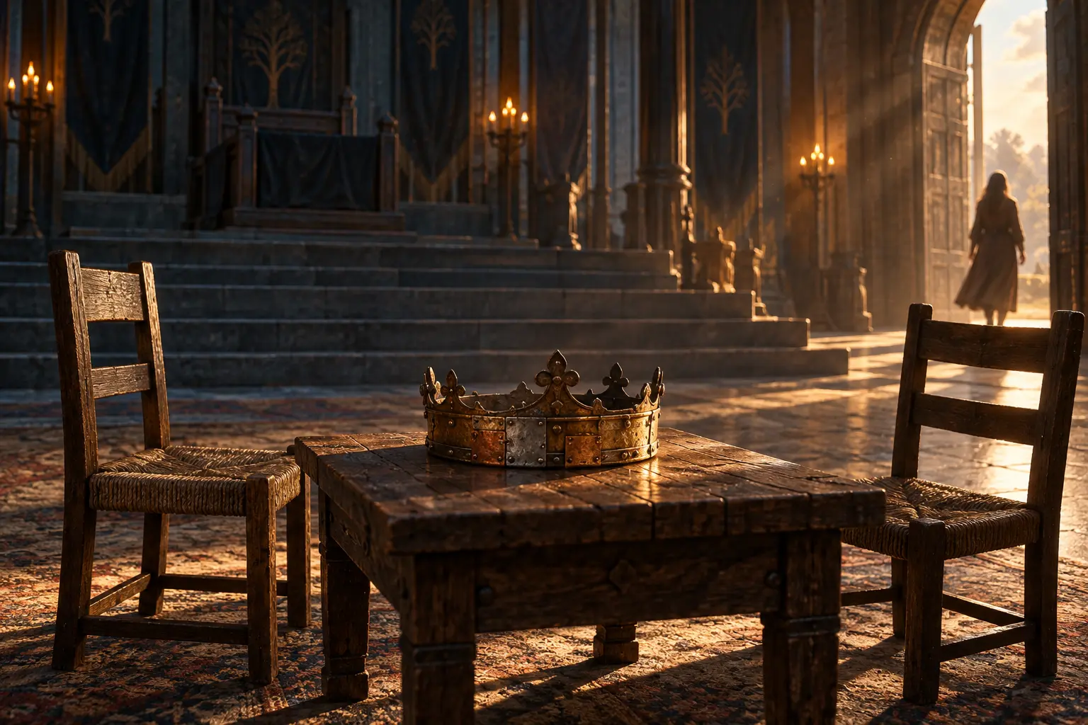 Bella’s two ordinary chairs stand beside the lowered crown, away from the empty platform.