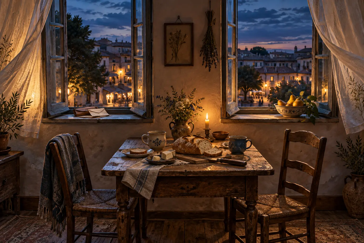 Amélie’s two open windows hold a saved paper sleeve and pears beside a supper table for two.