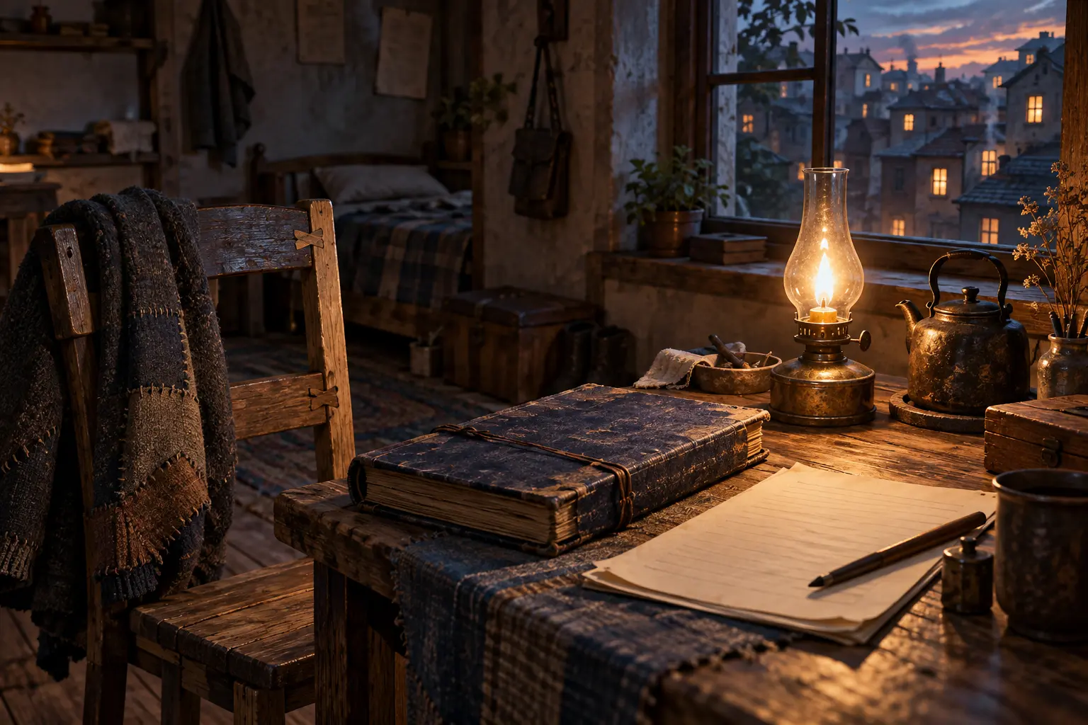 Abel’s lamp lights his patched room and dry ledger as neighboring windows begin to glow.