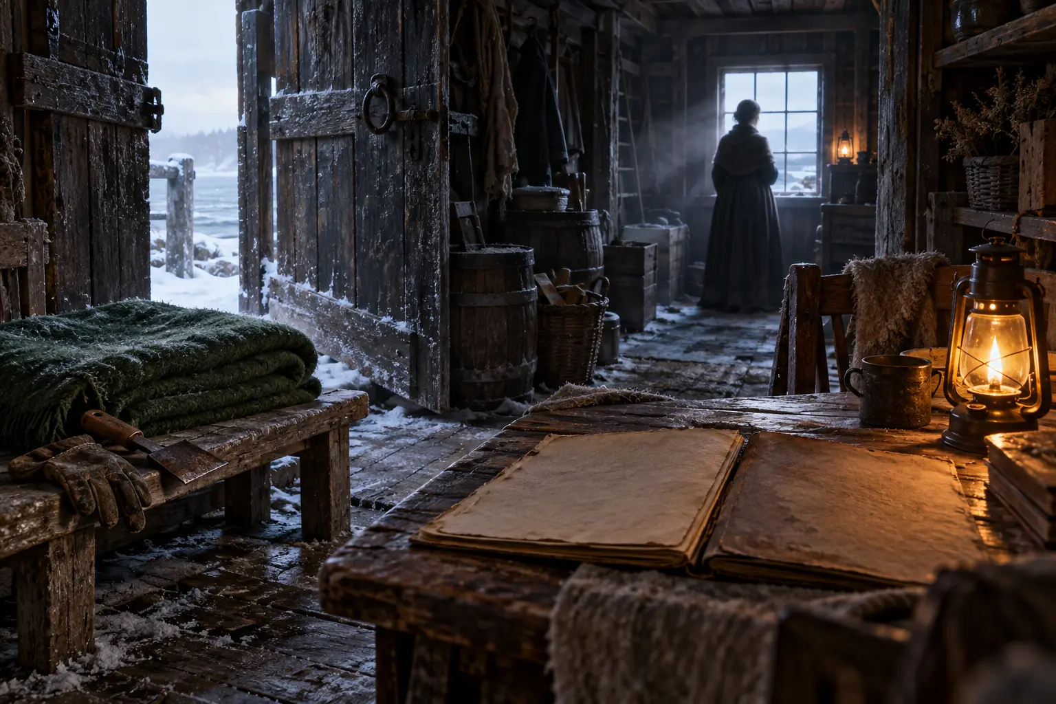 A green blanket and two preserved accounts sit in the cold storeroom Mara revisits.