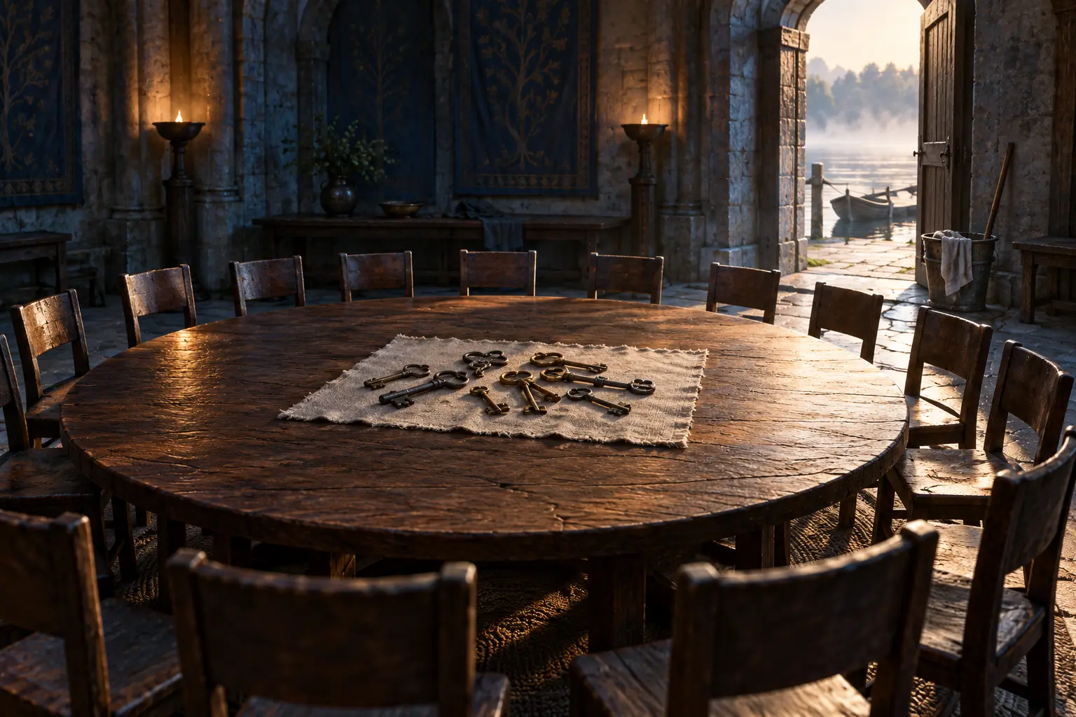 Shared keys lie on a cloth inside the open meeting room, with a cleaner’s pail at the door.