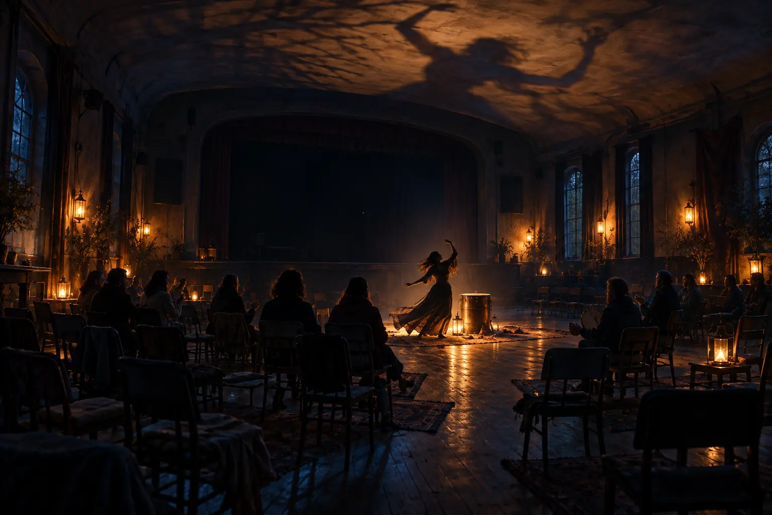 Blueberry dances beside a shipping-tin drum as low emergency lamps warm the dark hall.