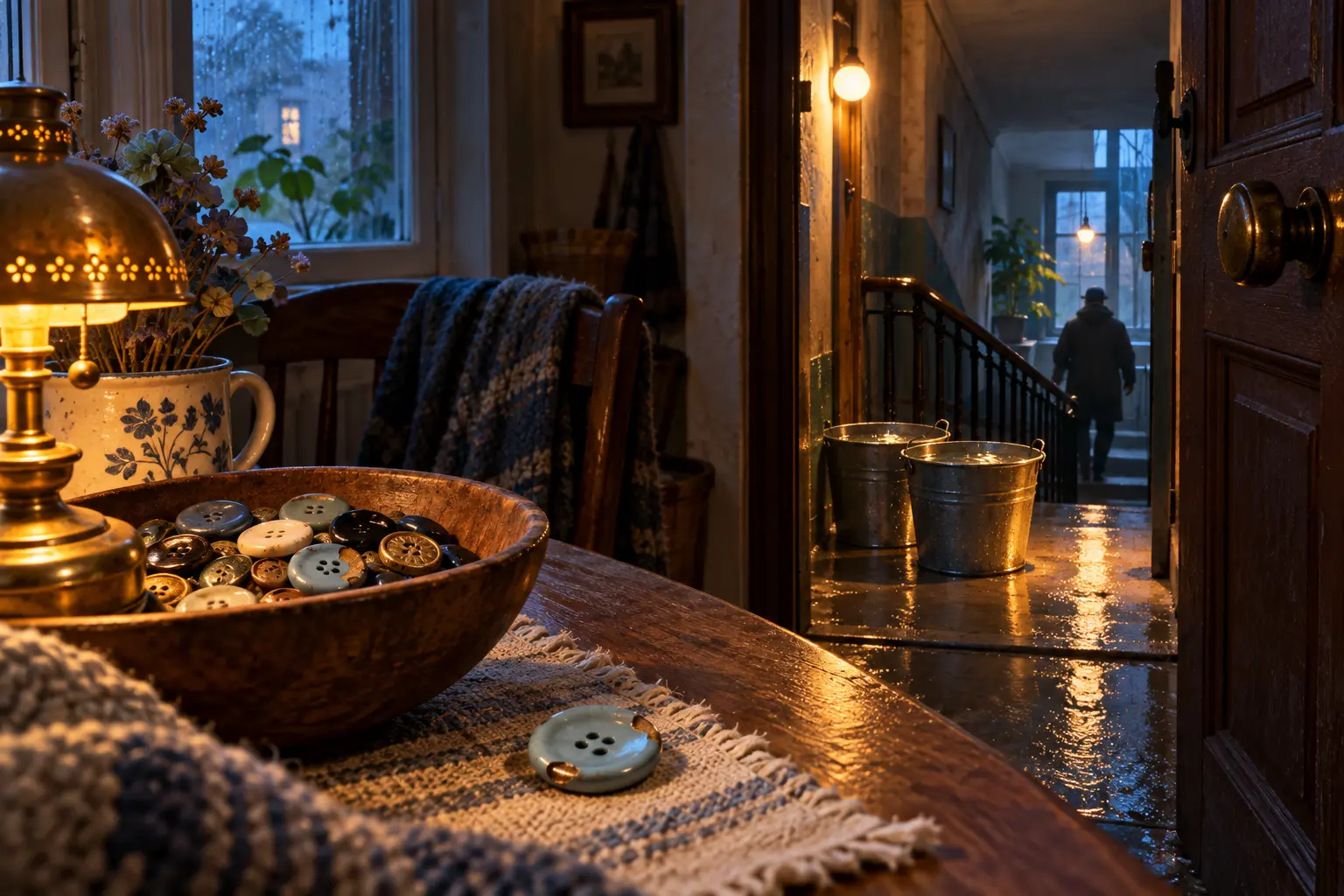 Filled water buckets reach Iona’s fourth-floor door; her chipped blue button rests beside the receiver.