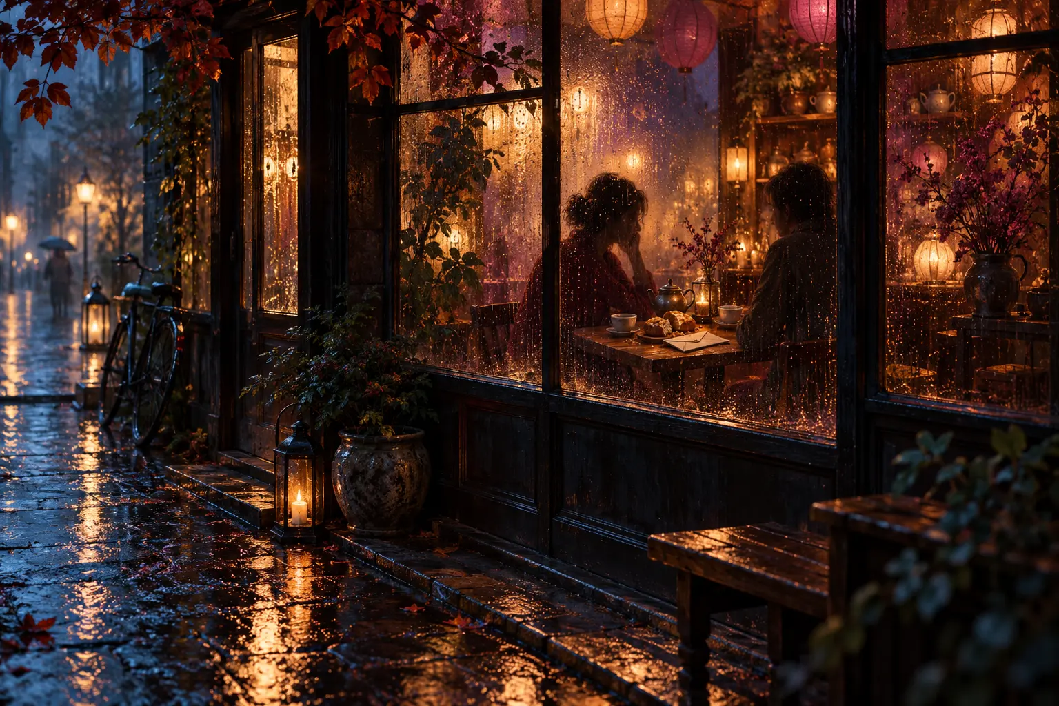 ReRe listens across a tea-shop table, her private letter beside two cups and pieces of bread.