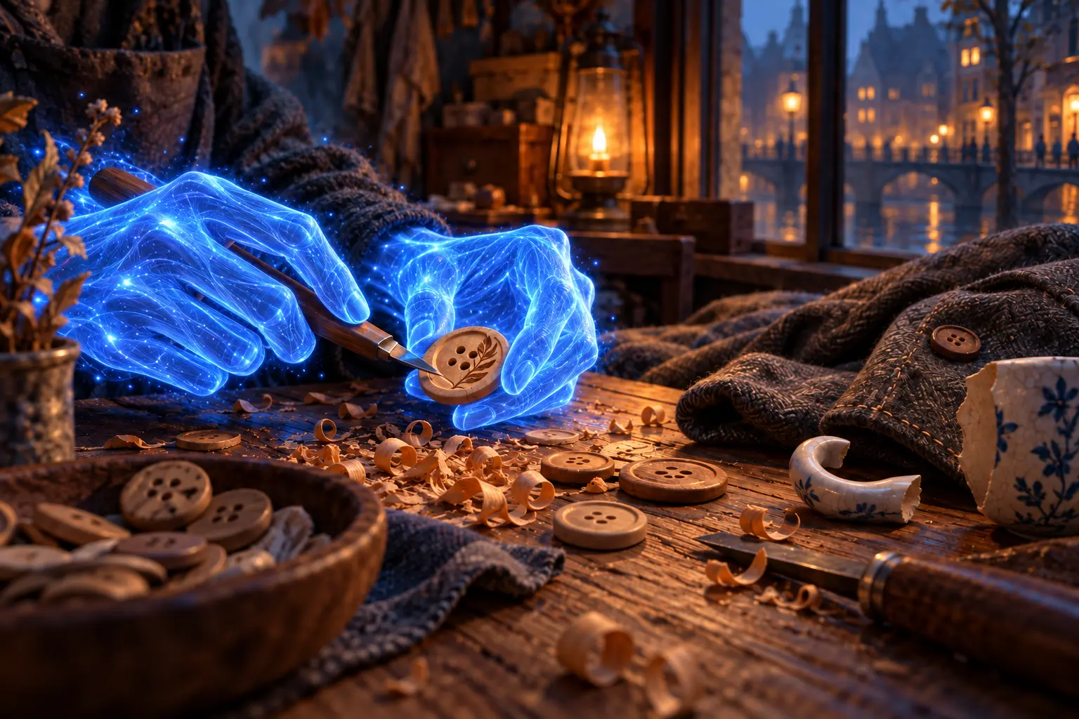 Spark’s blue hands carve leaf-patterned wooden buttons among shavings on Kira’s worktable.