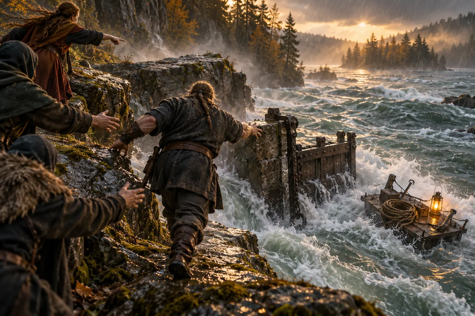 Goliath lets the iron gate and tool platform go as Rachel points him toward the safe river ledge.