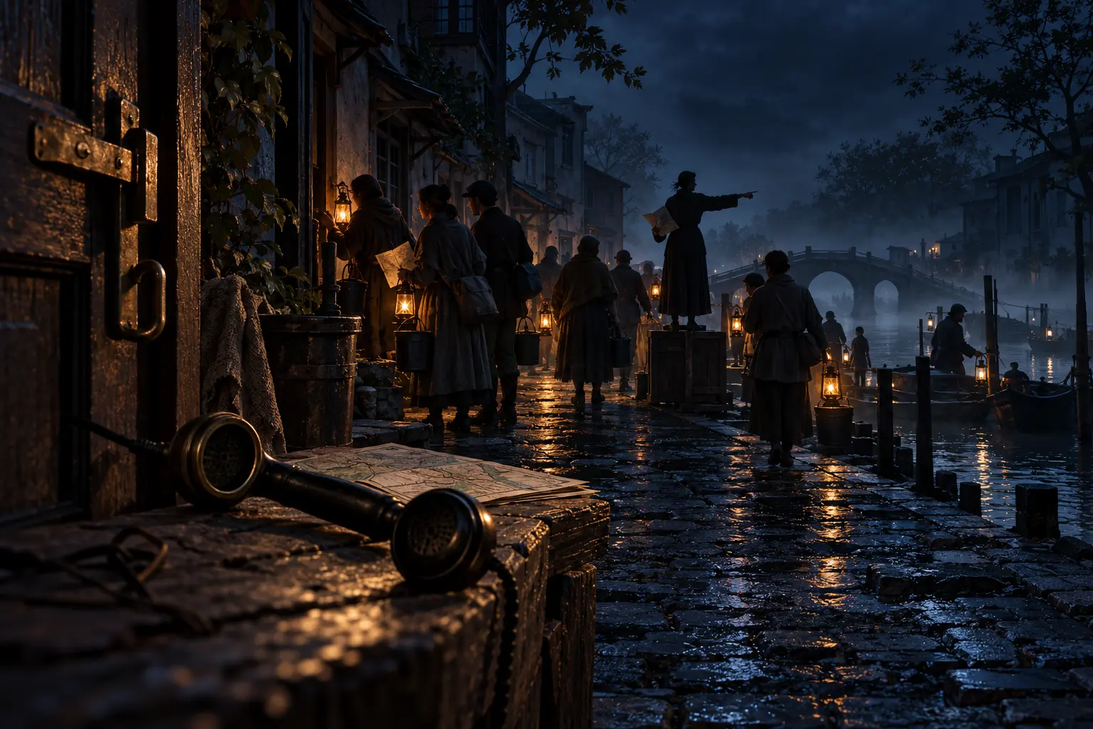 Residents carry lamps and water through Ashfall’s dark streets after the broadcasts fail.