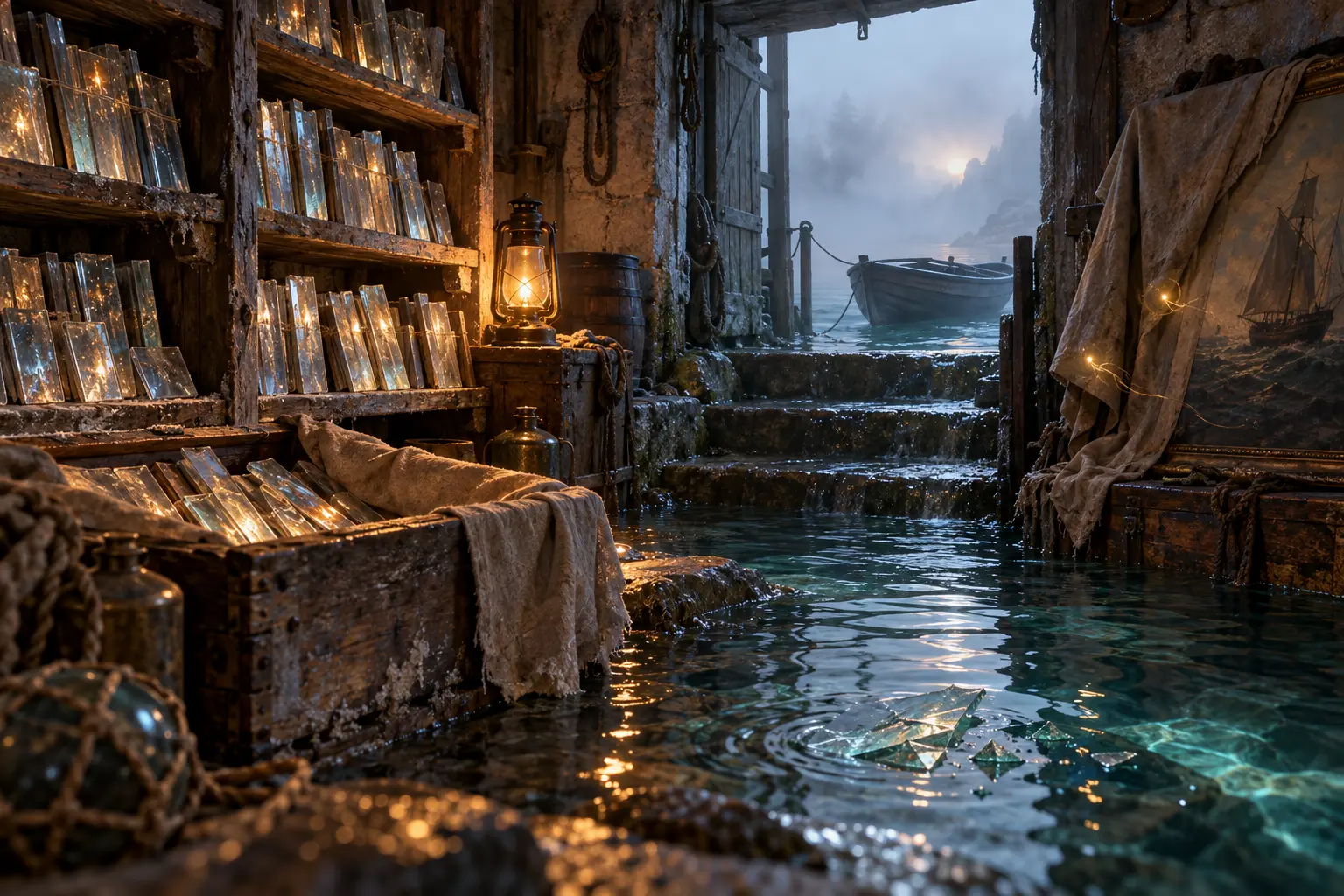 Fragile glass messages are packed above a rising tide in the old shore station cellar.
