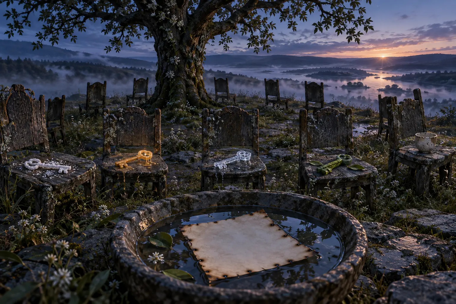 Keys of salt, wax, ice and leaves rest on outward-facing chairs beneath the tree.