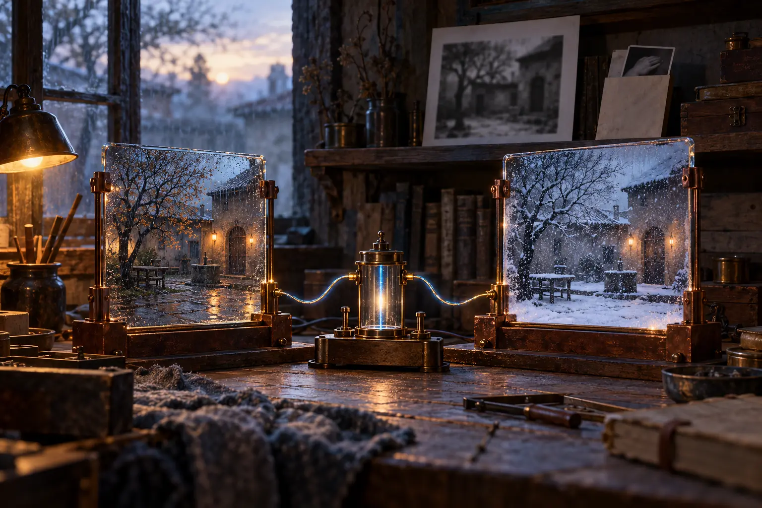 A small test circuit carries separate memories of rain and snow while the unnamed photograph remains unchanged.