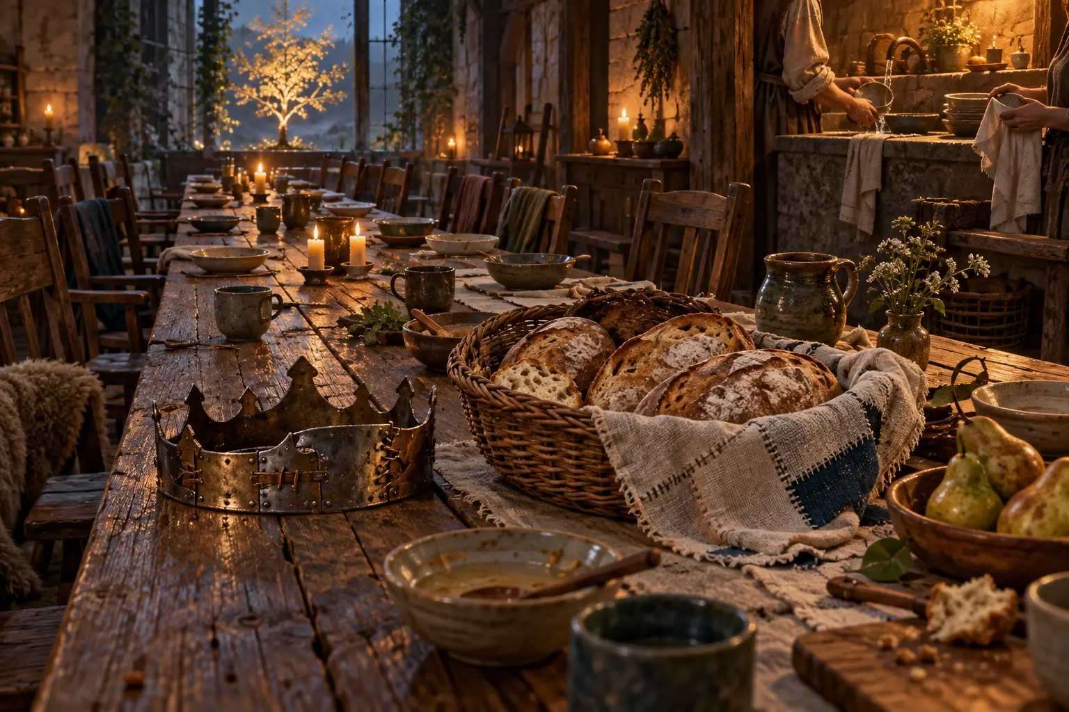 A long communal table holds bowls and bread, with the crown moved aside while the final dishes are washed.