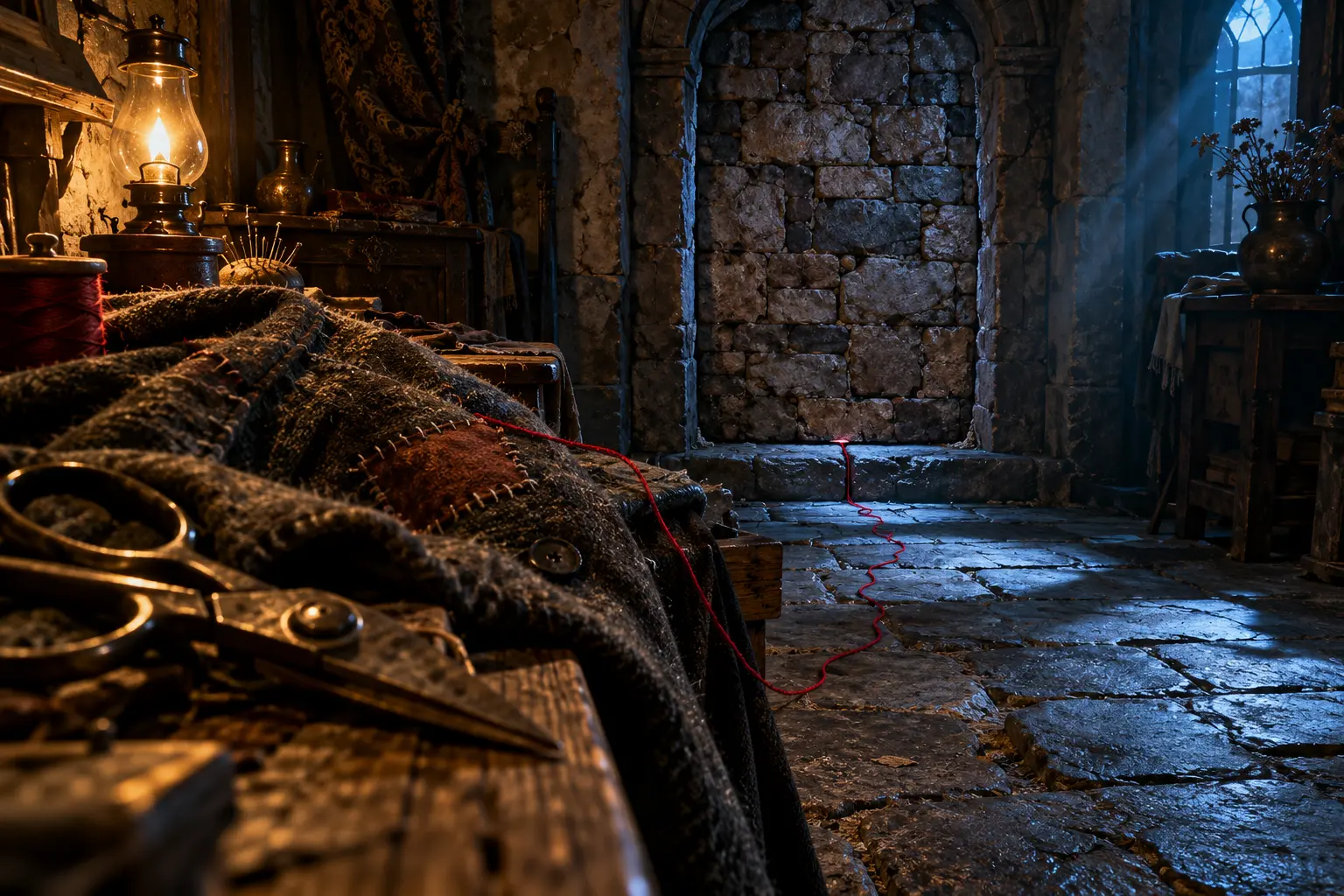 A red thread emerges beneath a bricked-up stone doorway beside scissors and a patched wool coat in amber lamplight.