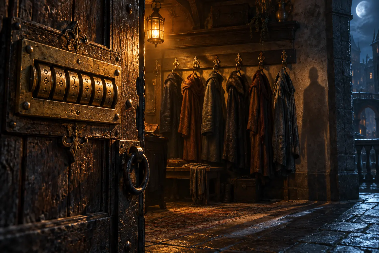 A brass mechanical counter on an open service door, six coats on hooks, and an unexplained seventh shadow in a blue night corridor.