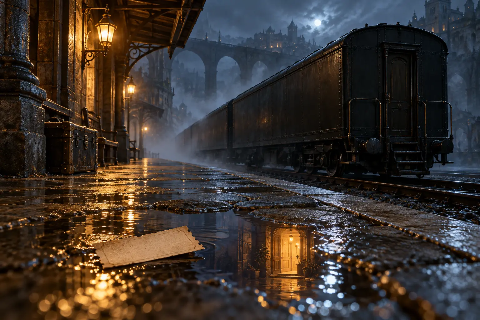 A windowless black train waits at a wet blue station while a discarded ticket lies beside the impossible reflection of a warm doorway.