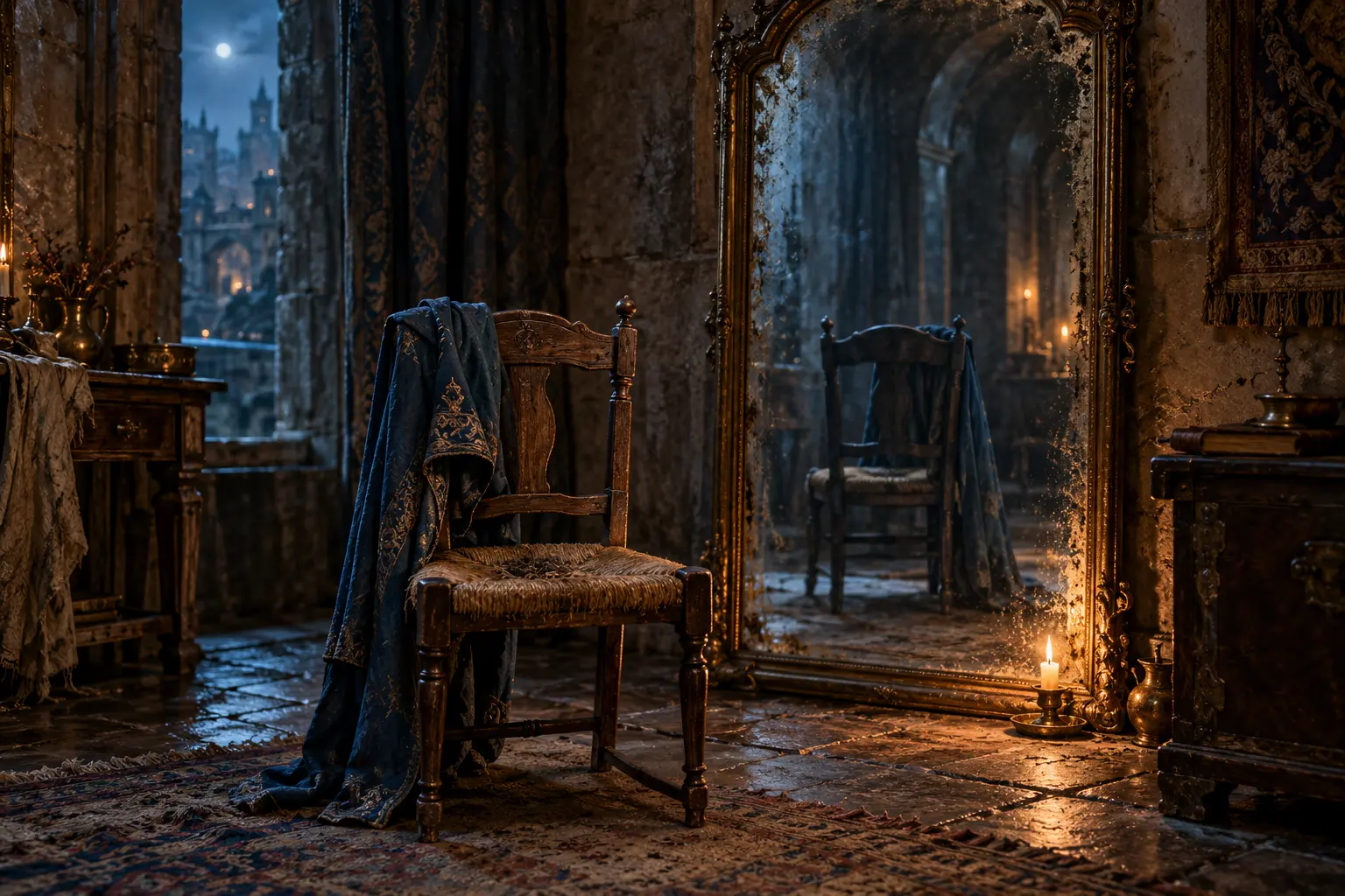 An empty blue-coated chair in a stone room faces an aged standing mirror, with warm candlelight against cold glass.