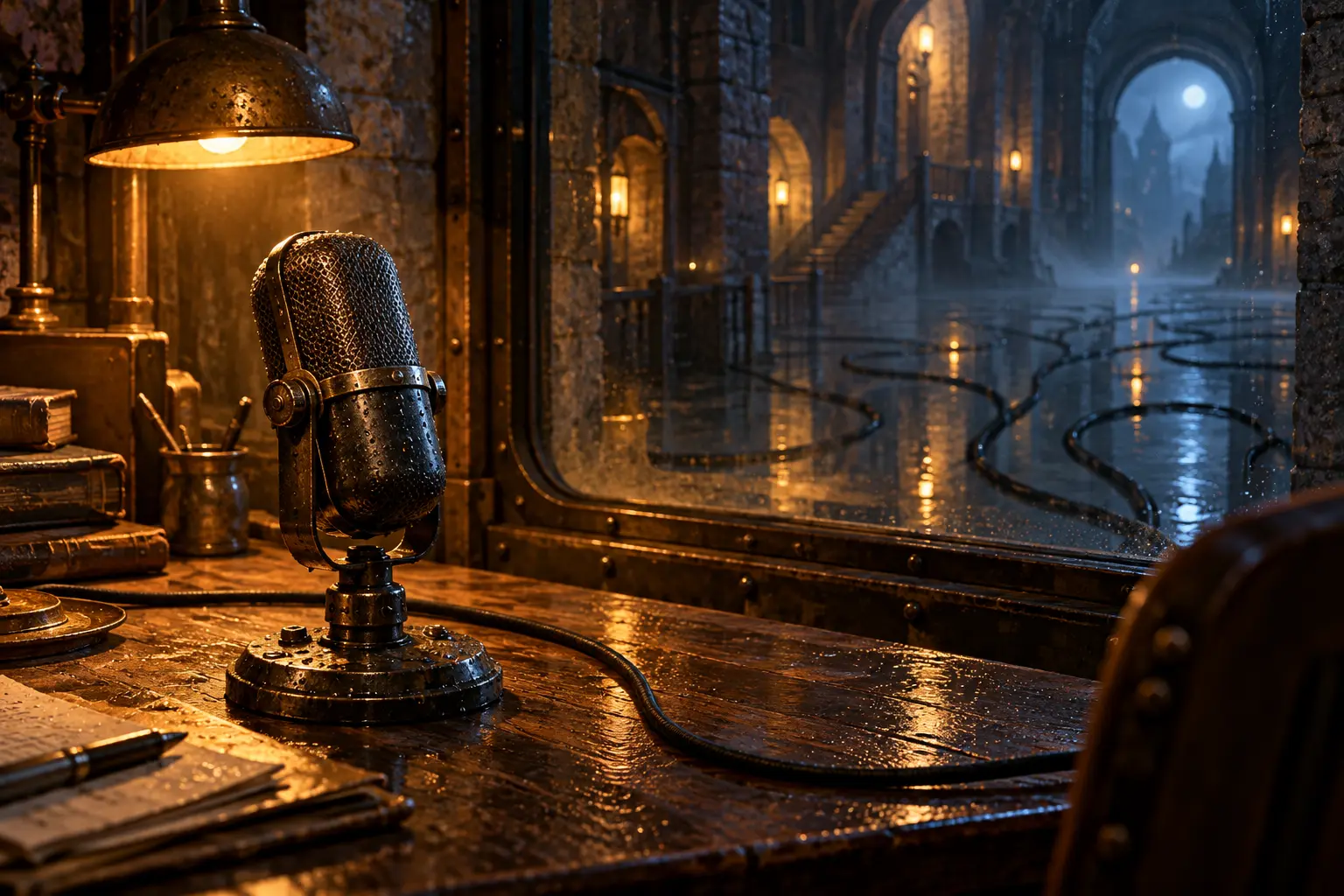 A solitary antique microphone under an amber desk lamp, with its reflected cable branching into uncanny coils in a cold stone corridor.