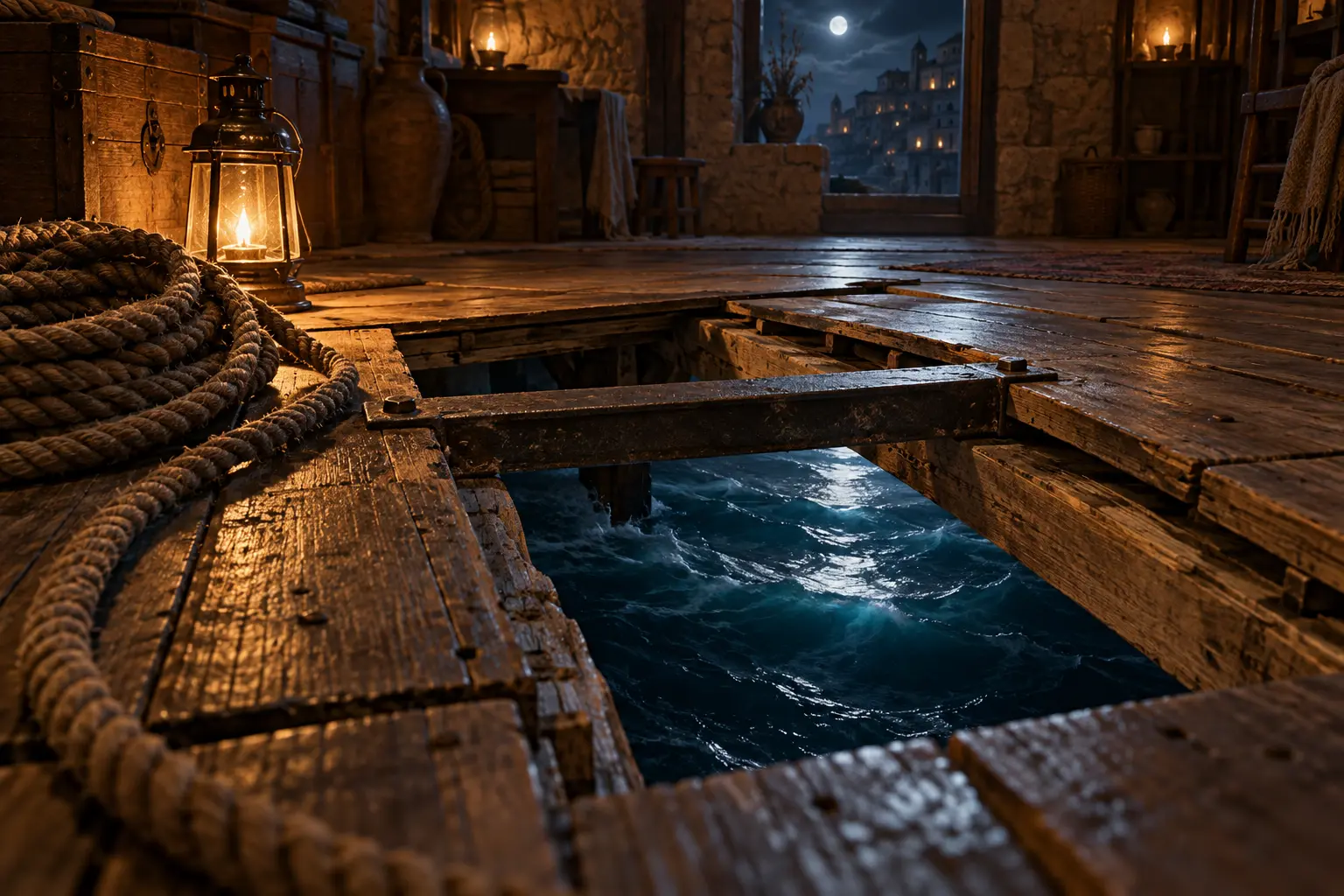Moon-blue tidal water lies beneath lifted wooden floorboards, spanned by an iron brace beside rope and an amber lantern in a stone house.