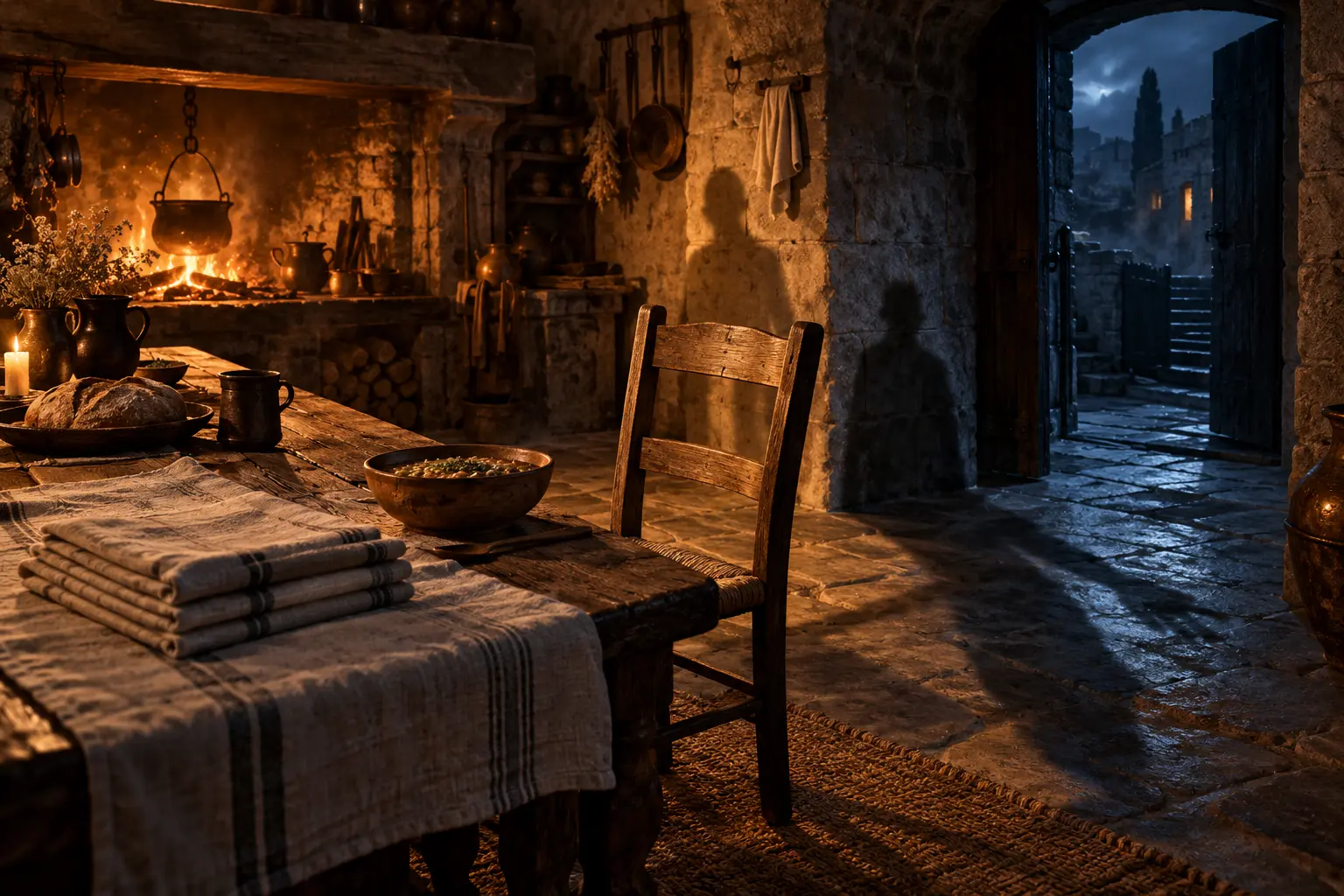 Folded towels and an untouched bowl await an absent guest at a stone kitchen table, beside a chair with incompatible shadows.