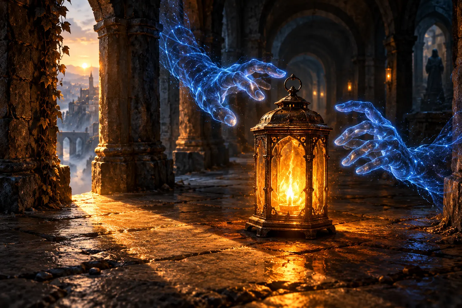 Translucent blue-light hands hover beside a blazing amber lantern as a shard of sunrise crosses a dark stone arcade.